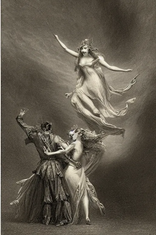 Image similar to A maiden dancing with the devil in the style of Gustave Dore