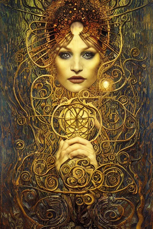 Prompt: The Dreaming Cell by Karol Bak, Jean Deville, Gustav Klimt, and Vincent Van Gogh, mystic eye, otherworldly, prison, elaborate wrought iron bars, chains, locks, fractal structures, arcane, inferno, inscribed runes, infernal relics, ornate gilded medieval icon, third eye, spirals