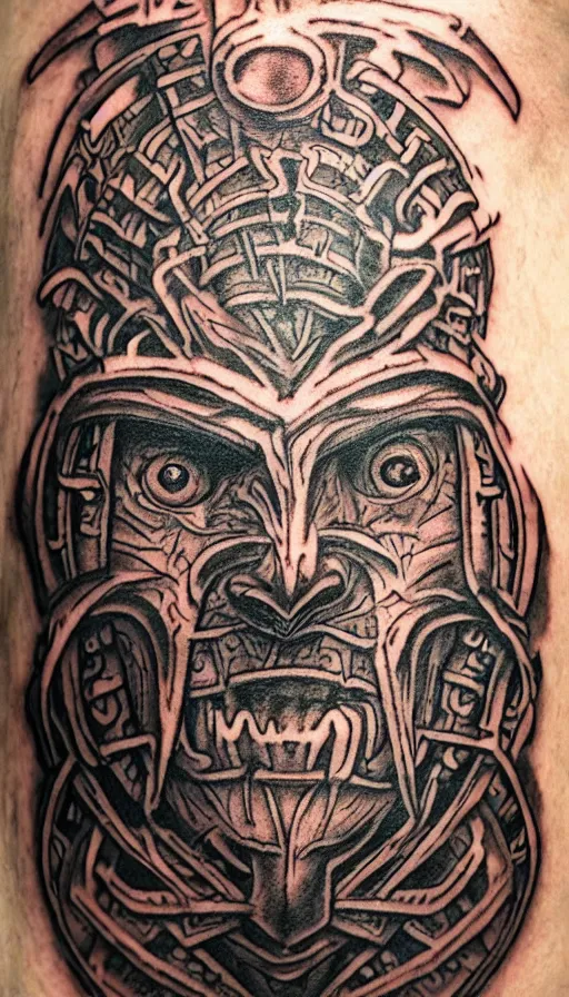 Image similar to ancient biomechanical hybrid aztec fantasy human demon face mask tattoo pattern concept, teonanacatl glyph, intricate artwork by, Johnatan Wayshak, Zdizslaw Beksinski, Artgerm, H.R. Giger, very coherent artwork, cinematic, hyper realism, high detail, octane render, unreal engine, 8k, High contrast, higly detailed black ink outline, crosshatch sketch gradient