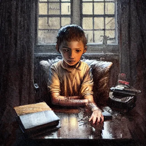 Image similar to a child sits in front of a computer as their imagination spills onto the screen, detailed intricate ink illustration, dark atmosphere, detailed illustration, hd, 4k, digital art, overdetailed art, concept art, by greg rutkowski, by loish, complementing colors, Trending on artstation, deviantart