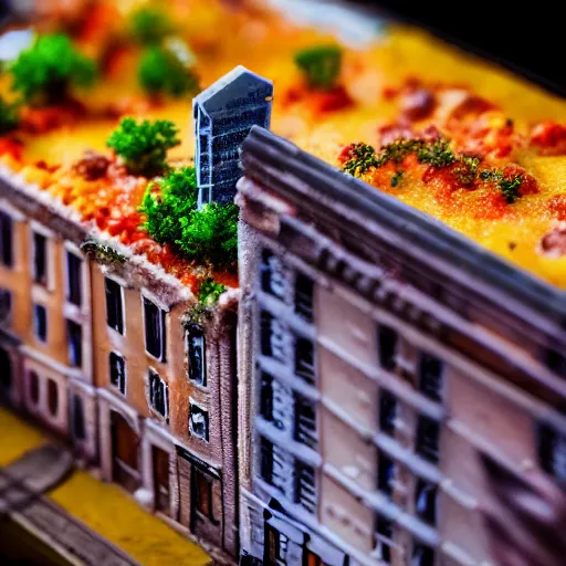 Image similar to macro photo of a miniature secret hidden world with tiny buildings and people inside of a lasagna