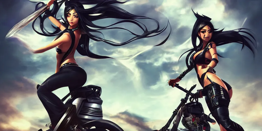 Image similar to high quality photograph of akali from league of legends holding a kunai and riding a modern motorcycle, 4 k, trending on artstation