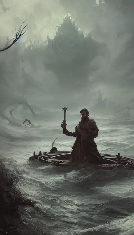 Prompt: man on boat crossing a body of water in hell with creatures in the water, sea of souls, by greg rutkowski