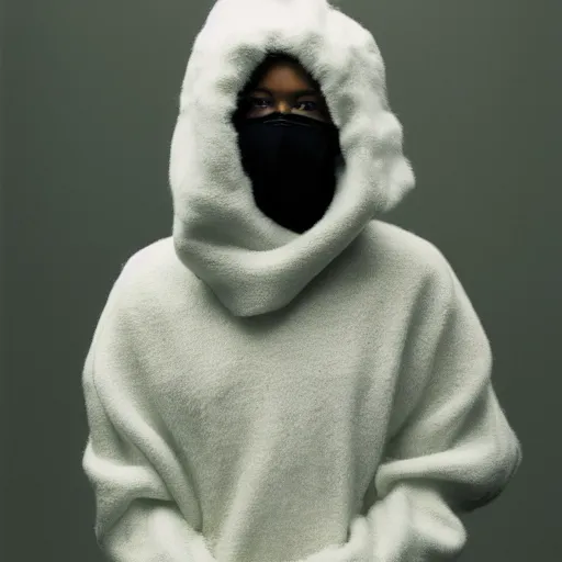 Image similar to realistic photoshooting for a new balenciaga lookbook, color film photography, portrait of a beautiful woman, model is wearing a balaclava mask, in style of tyler mitchell, 3 5 mm,