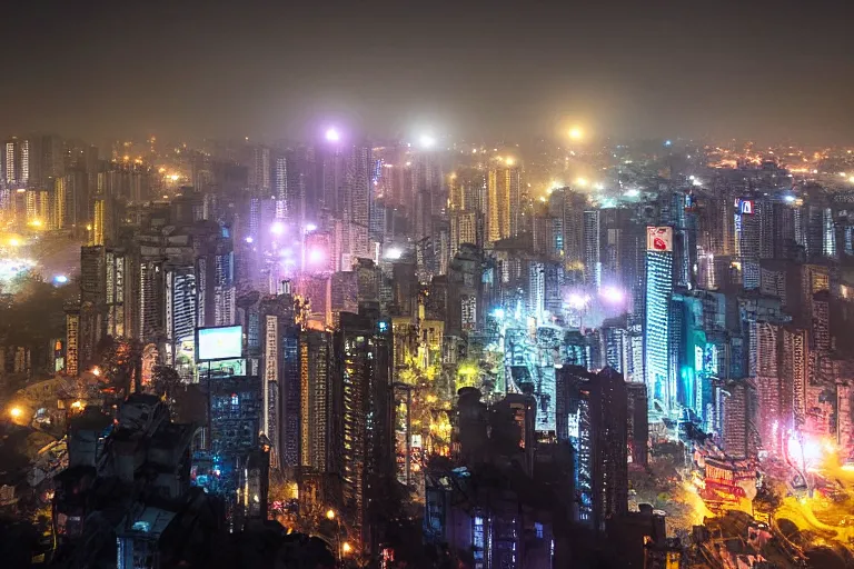 Image similar to photograph of Dhaka in the future, cyberpunk style, night,