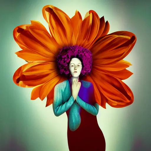 Image similar to huge flower as head, woman standing in a luxury apartment, surreal photography, dramatic light, impressionist painting, digital painting, artstation, georgia o'keeffe