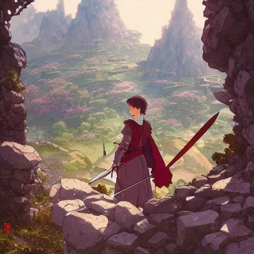 Image similar to the knight and the sword of rose petal, anime, castle core, mountains, rocky roads. by hayao miyazaki and rossdraws and artgerm and greg rutkowski and alphonse mucha and studio ghibli and ilya kuvshinov. high quality, stunning, intricate detailed environment. 8 k