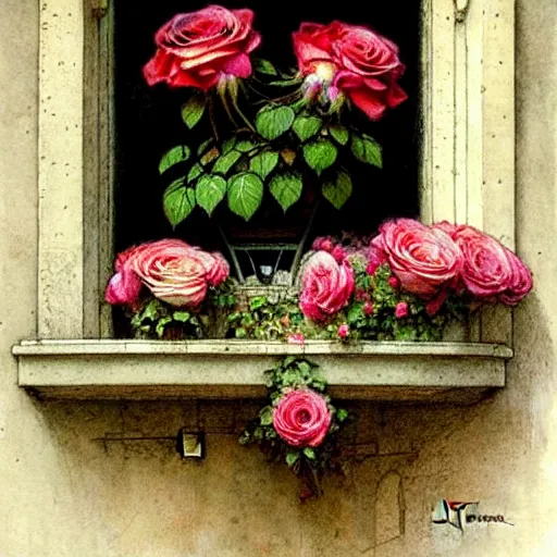 Prompt: ( ( ( ( ( intricate window with roses flower pot. muted colors. ) ) ) ) ) by jean - baptiste monge!!!!!!!!!!!!!!!!!!!!!!!!!!!