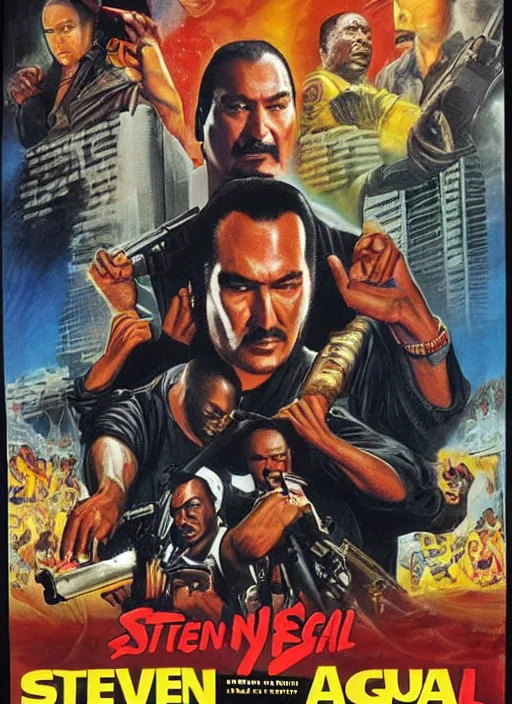 Image similar to Steven Seagal, Ghanaian movie poster, action thriller, 1980s Arcade, Ninjas, highly detailed, HD, realism