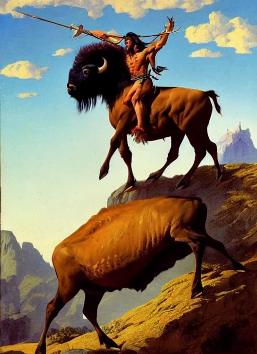 Image similar to willem dafoe as a native american riding bison, buffalo, native american warrior, mountain range, beautiful sky, standing on the edge of a cliff, 1 9 th century, painted by frazetta