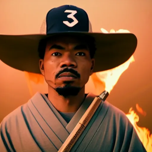 Image similar to cinematic film still of Chance The Rapper starring as a Samurai holding fire, Japanese CGI, VFX, 2022, 40mm lens, shallow depth of field, film photography