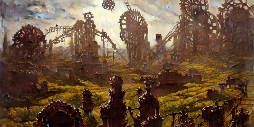 Image similar to giant gears cogs floating in the sky, clockwork, giant mechanisms, industry, villages castles, buildings vista artstation illustration sharp focus sunlit vista painted by ruan jia raymond swanland lawrence alma tadema zdzislaw beksinski norman rockwell tom lovell alex malveda greg staples