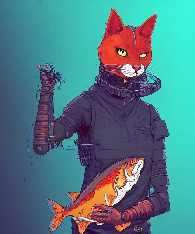 Image similar to a portrait of an anthropomorphic cyberpunk cat holding a salmon, fantasy, elegant, digital painting, artstation, concept art, matte, sharp focus, illustration, art by josan gonzalez