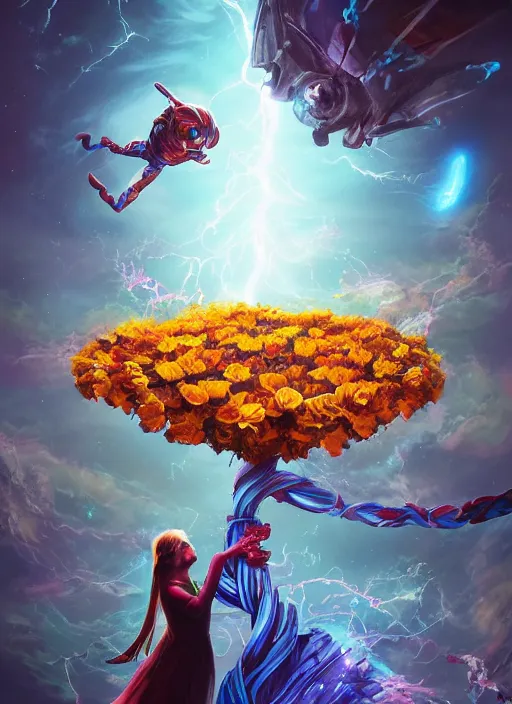 Image similar to An epic fantastic realism comic book style painting of the most beautiful entwined flowers launched across the galaxy, floating bouquets, fisheye, lightning creating life, unreal 5, DAZ, hyperrealistic, octane render, dynamic lighting