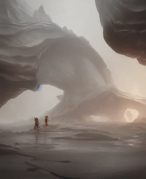 Prompt: surreal epic, masterpiece, romantic prometheus white exploration base, ancient ochre palette, impossible architecture by ruan jia, mecha floor, futuristic, blame, white architecture in the beach in iceland, foggy, highly detailed, digital painting, arstation, concept art, hyperealistic octane render, unreal engine