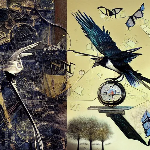 Image similar to a mechanical bird wanders between the virtual realms of urban informatics and computational social science, collage artwork by dave mckean and ivan shishkin and james jean