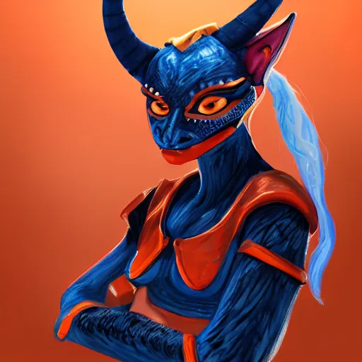 Image similar to illustrated realistic portrait female kobold horns orange skin and blue hair with black evil eyes wearing leather armor