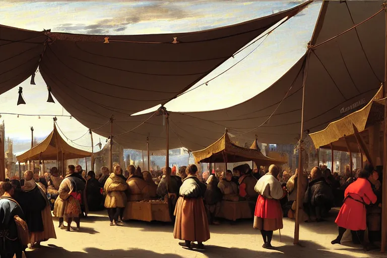 Image similar to The detailed tent of a medieval market, between the products being sold are mobile phones, ear phones, laptops, and other devices!! Some people walking around, close-up, big depth of field, matte painting, trending on artstation, hyper detailed, sharp, baroque painting, painted by Velazquez