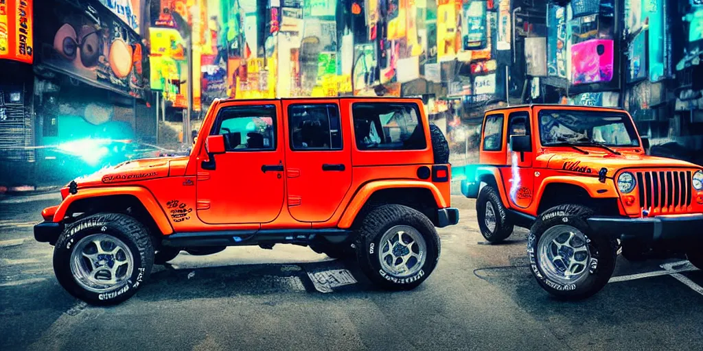 Image similar to old photograph of an Itasha style 1997 hardtop Jeep Wrangler, urban Shibuya, floating orbs of liquid, neon night, cinematic, refraction, colorful, photorealistic, dark, atmospheric, ultra realistic, insanely detailed, lights and shadows