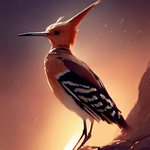 Image similar to hoopoe with big open crest in avila pinewood, 4 k, concept art, by wlop, ilya kuvshinov, artgerm, krenz cushart, greg rutkowski, pixiv. cinematic dramatic atmosphere, sharp focus, volumetric lighting, cinematic lighting, studio quality