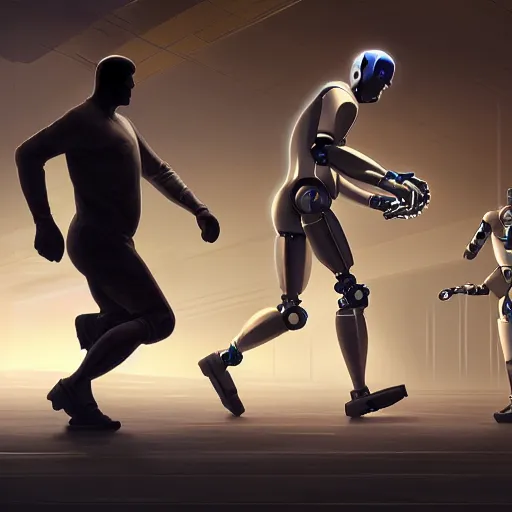 Prompt: beautiful digital painting of man helping robot run a marathon, high detail, 8 k, stunning detail, works by artgerm, greg rutkowski and alphonse mucha, unreal engine 5, 4 k uhd