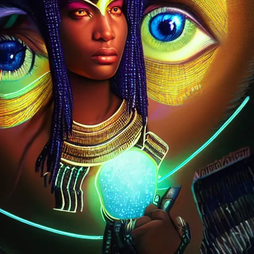 Image similar to african neon egyptian goddess, science fiction, highly detailed, digital painting, beautiful eyes, symmetry, concept art, sharp focus, volumetric lighting, illustration, global illumination, radiant light, synthwave colors, detailed and intricate environment, art by artgerm and greg rutkowski and magali villeneuve and ilya kuvshinov!