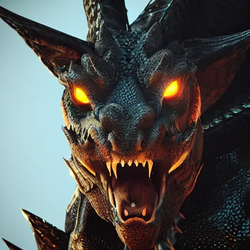 Image similar to portrait of the most fierce dragon ever , photorealistic, intense lighting, unreal engine