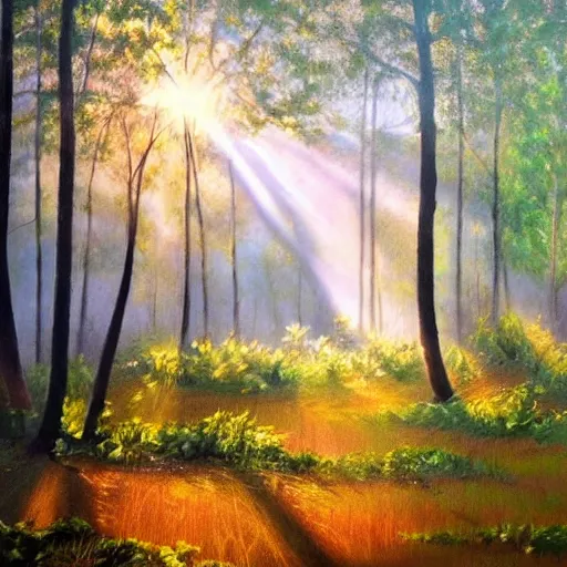 Prompt: a painting of a forest clearing in the morning with sun shining through the trees, mystical, magical