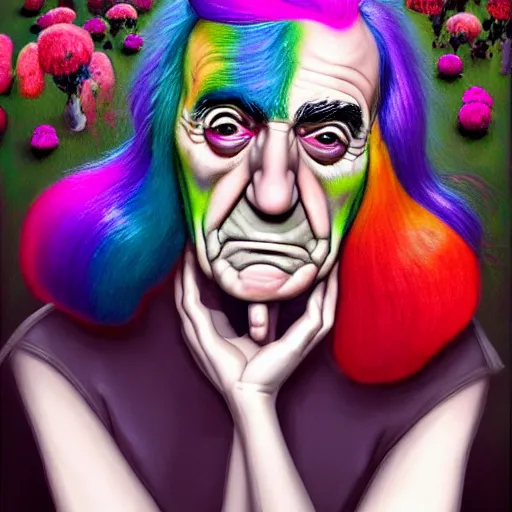 Image similar to abe vigoda looking at the camera, she has rainbow hair and a beautiful unconventional face, there is an explosion of flowers in the background, elegant, highly detailed, digital painting, artstation, realism, concept art, pop, smooth, mythological, sharp focus, qualia, illustration, art by mark ryden 3 d 8 k ultra detailed