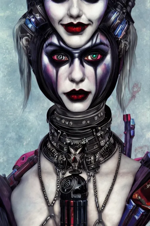 Image similar to portrait of beautiful gothic Harley Quinn, cyberpunk, Warhammer, highly detailed, artstation, illustration, art by Gustav Klimt