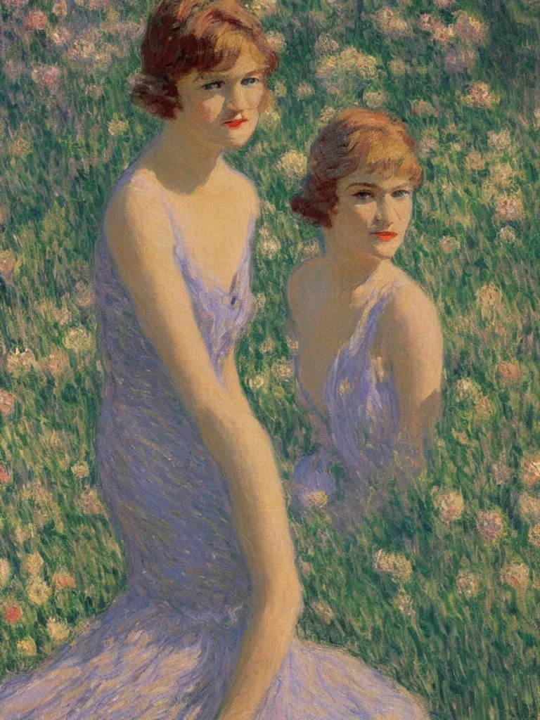 Image similar to portrait of < zelda fitzgerald > as a beautiful young lady, in the sun, slim, out of focus, pleinairism, backlit, closeup, oil on canvas, atr by monet, in the style of le promenade, smooth, impressionnisme, 8 k