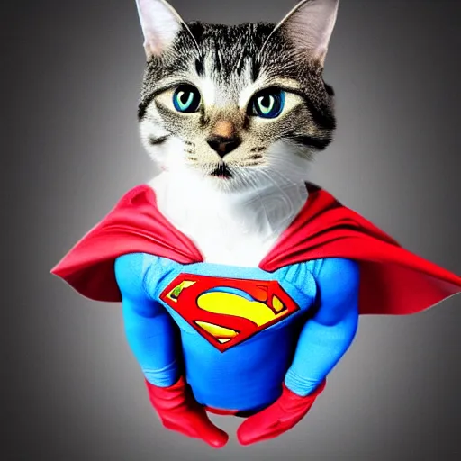 Prompt: the cat dressed as superman is flying in the sky