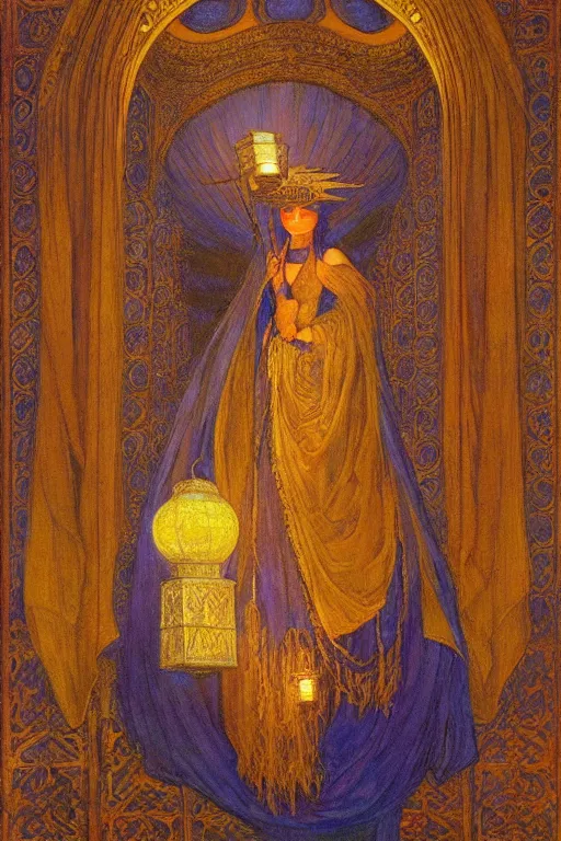 Image similar to queen of the old city with her lantern, by Annie Swynnerton and Nicholas Roerich and jean delville, dramatic cinematic lighting , ornate headdress , flowing robes, lost civilizations, extremely detailed