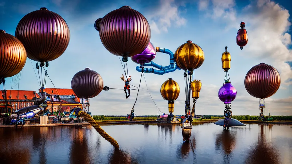 Prompt: large colorful futuristic space age metallic steampunk steam - powered balloons with pipework and electrical wiring around the outside, and people on rope swings underneath, flying high over the beautiful klaipeda in lithuania landscape, professional photography, 8 0 mm telephoto lens, realistic, detailed, photorealistic, photojournalism