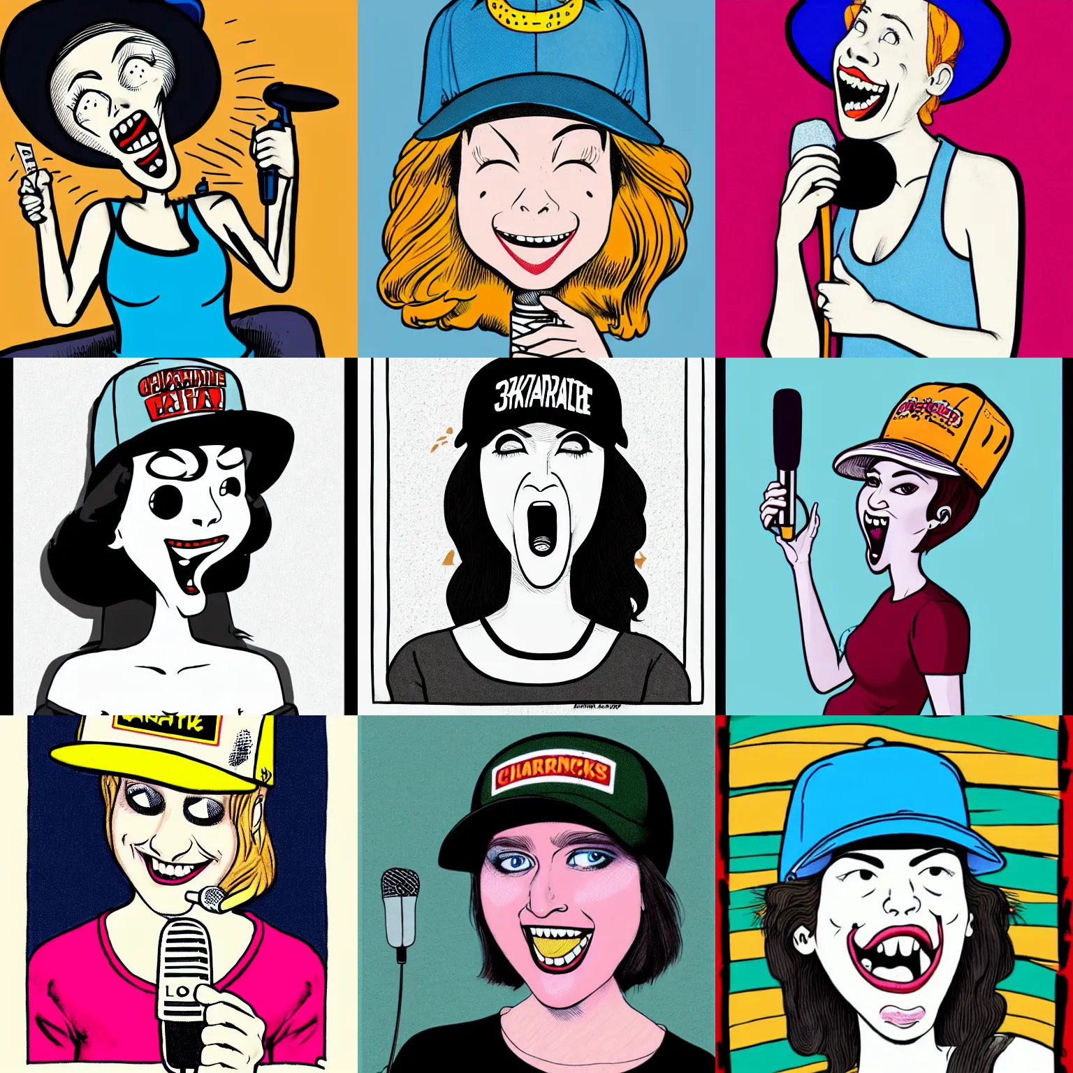 Prompt: a very attractive 3 0 - year - old skatepunk comedienne wearing a flatbrim hat holding a microphone in her right hand, laughing, pale beautiful skin, no makeup, pale blue eyes!, drawing by charles burns, tumblr contest winner, lowbrow, adafruit, lighthearted, contest winner