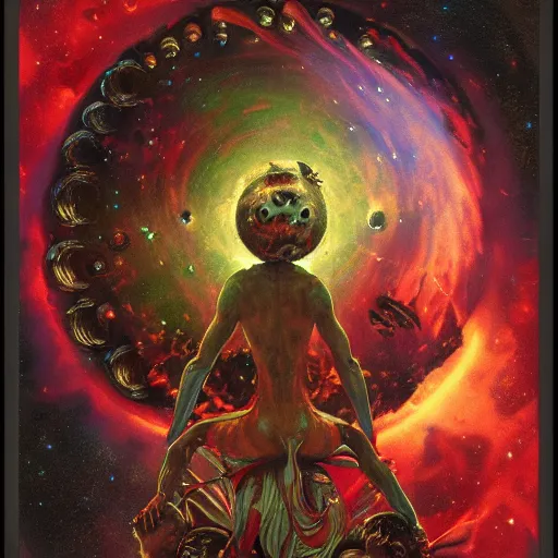 Prompt: a highly detailed demonic nebula with majestic planets of madness, art by Norman Rockwell, trending on artstation