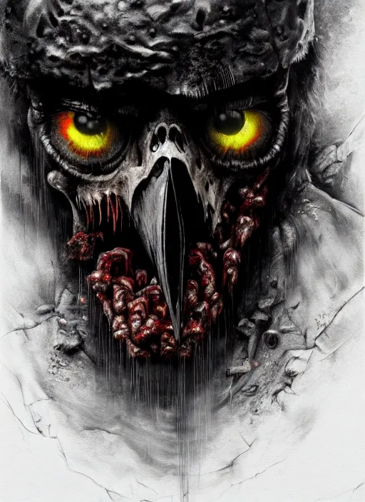 Image similar to close up portrait of a zombie crow in the mountains of hell, oil painting by tomasz jedruszek, cinematic lighting, pen and ink, intricate line, hd, 4 k, million of likes, trending on artstation