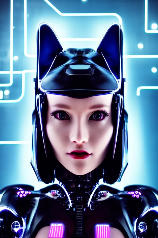 Prompt: cybernetic ultra high tech female robot with cat ears, sci - fi, blade runner, cyberpunk, high tech, futurism, exoskeleton, symmetry, cinematic, elegant, luxury, perfect light, perfect composition, dlsr photography, sharp focus, 8 k, ultra hd, sense of awe, highly detailed, realistic, intricate, science journal cover