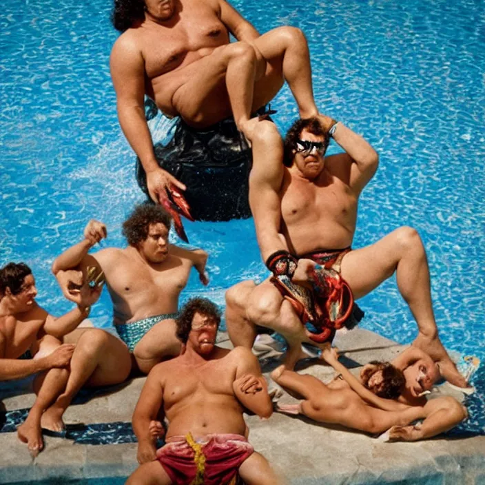 Prompt: andre the giant wearing a sequin speedo sitting by the pool with a goat and genghis khan from the movie bill & ted's excellent pool party, movie still, 8 k, realistic, highly detailed, art by todd mcfarlane, artgerm, greg rutkowski, alphonse mucha