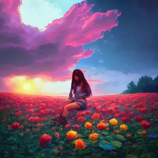 Image similar to giant rose flower head, full body girl sitting in a flower field, surreal photography, sunrise, dramatic light, impressionist painting, colorful clouds, digital painting, artstation, simon stalenhag