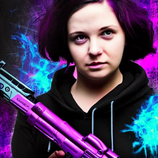 Prompt: poster artwork, sci fi, art type of photo, a female, full body, black hoodie techie, black hair with purple streaks, holding a gun, 8 k