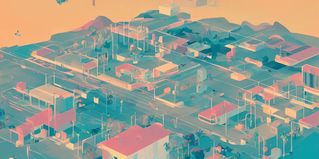 Image similar to a beautiful illustration Palm Springs by James Gilleard, Studio Ghibli, geometric lines, 8k, 4k