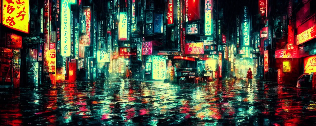 Prompt: a cinematic shot of a Tokyo Alleyway at night, wet street, in the style of blade runner, colorful, neon, trending on artstation