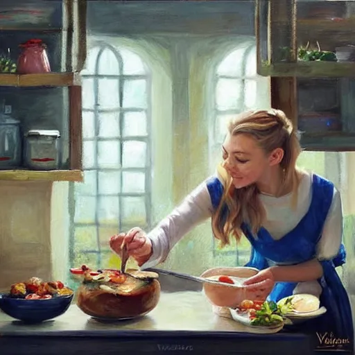 Image similar to Natalie Dormer making breakfast for her husband painting by Vladimir Volegov