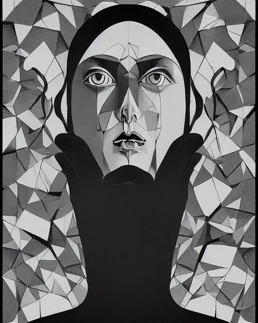 Image similar to opposed asymmetrical faces by eugene jansson and ilya kuvshinov and mc escher and mainie jellett, surreal!, abstract!!!, asymmetry, perspective, negative space, masterpiece, stunning