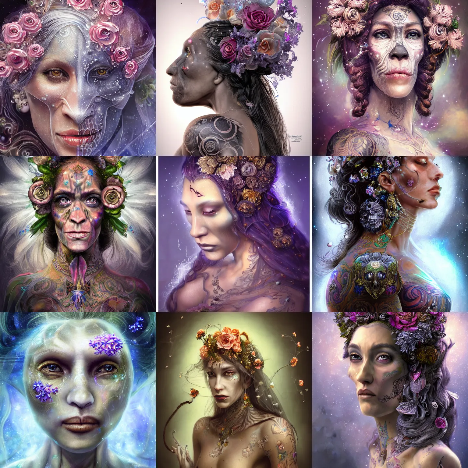 Prompt: a wlop 3 d render of very very very very highly detailed beautiful mystic portrait of a phantom bride ape female with whirling flowers and galaxy around, tattoos by anton pieck, intricate, extremely detailed, digital painting, artstation, concept art, smooth, sharp focus, illustration, intimidating lighting, incredible art,