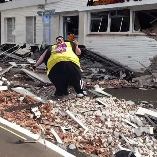 Image similar to huge fat man falls on mcdonalds and destroys the building with his weight