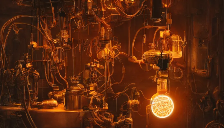 Prompt: A glowing electrical Steampunk garbage disposal in a victorian museum, james gurney, cinematic lighting, lots of steam and sparks, wires made of copper, artstation, vibrant nature, Tuomas Korpi, tekkon kinreet, volumetric light, artstation, , octane render, redshift render, low angle camera, rich deep moody colors