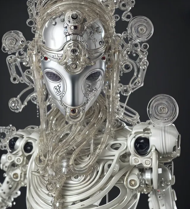 Image similar to beautiful cybernetic baroque robot, beautiful baroque porcelain face + body is clear plastic, inside organic robotic tubes and parts, silver ganesha, symmetric, front facing, wearing translucent baroque rain - jacket + symmetrical composition + intricate details, hyperrealism, wet, reflections + by alfonse mucha and moebius, no blur dof bokeh