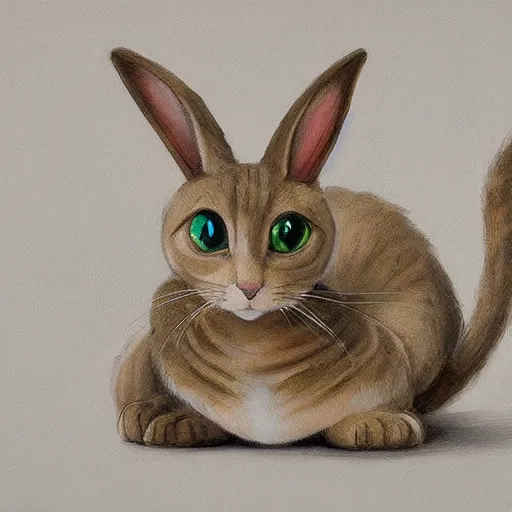 Image similar to realist detailed painting concept art of a cute beige cat with big green eyes, long floppy rabbit ears, and long tail, in the art style of nakanoart, ebbarie, kajenna